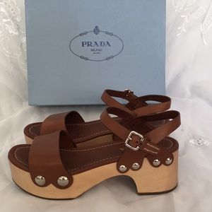 Prada Platform Clogs Studs Sz 11 B Leather Brandy